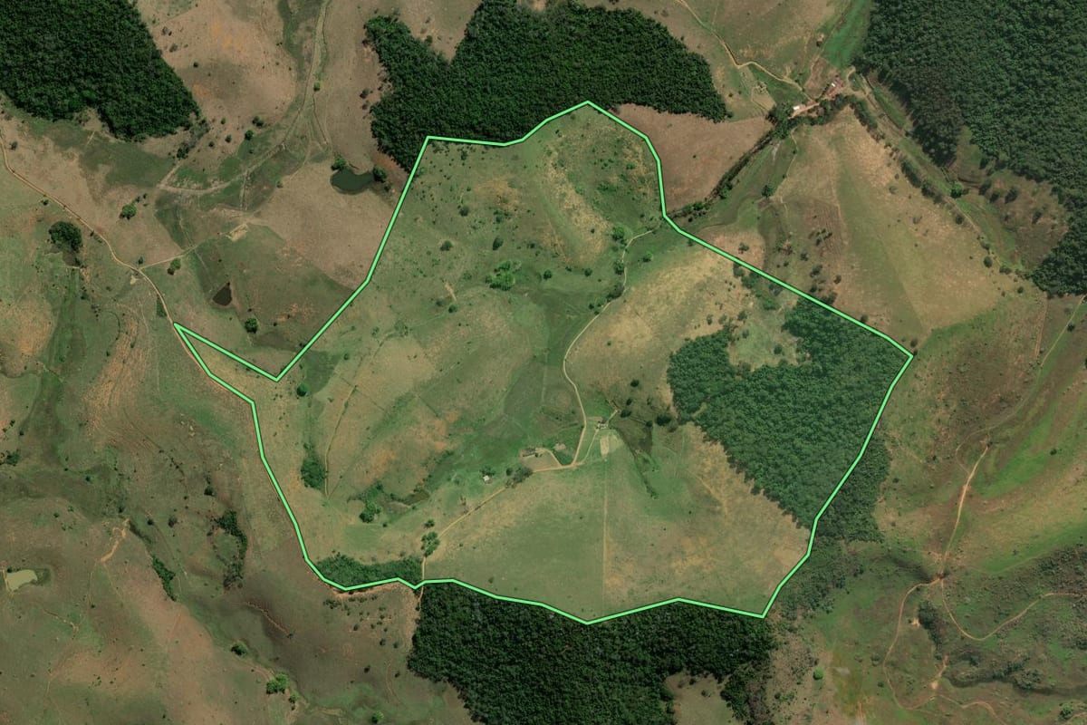 Imagem de satélite do imóvel rural em Itaperuna (RJ), com o contorno declarado no CAR desenhado por cima.