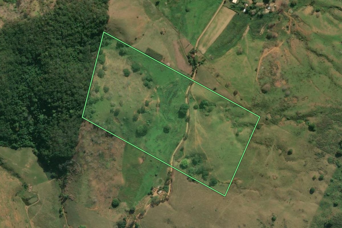 Imagem de satélite do imóvel rural em Itaperuna (RJ), com o contorno declarado no CAR desenhado por cima.