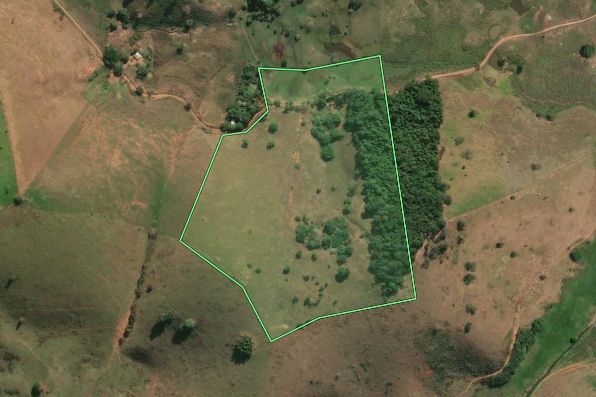 Imagem de satélite do imóvel rural em Itaperuna (RJ), com o contorno declarado no CAR desenhado por cima.