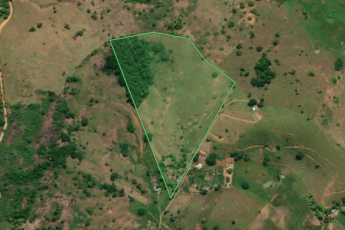 Imagem de satélite do imóvel rural em Itaperuna (RJ), com o contorno declarado no CAR desenhado por cima.