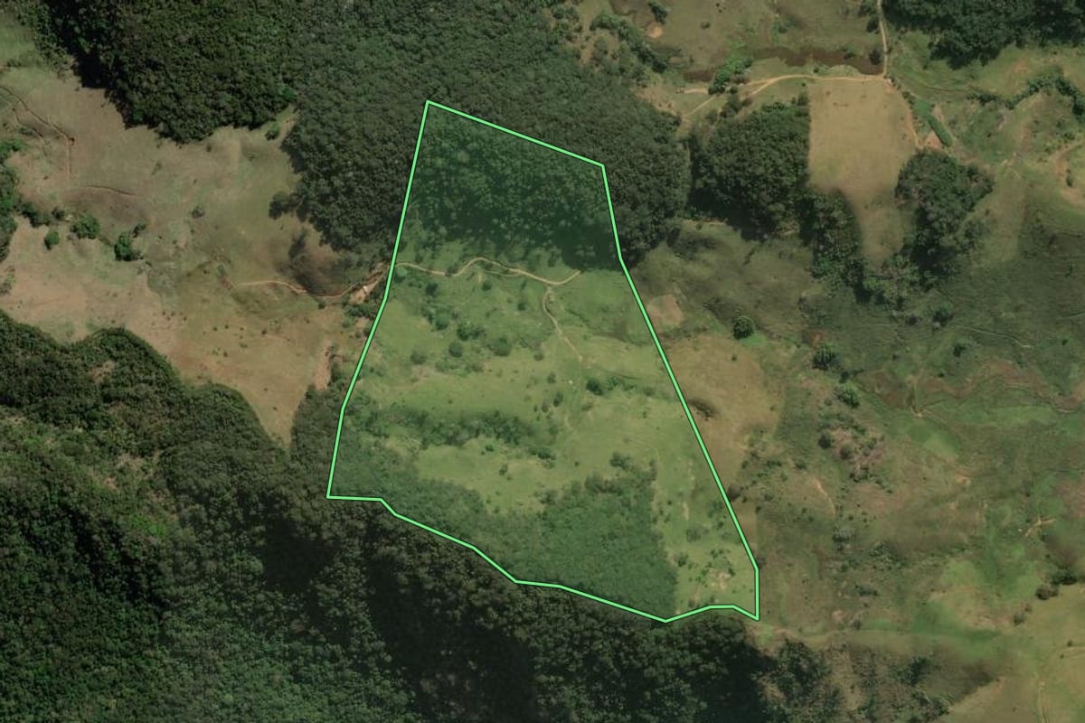 Imagem de satélite do imóvel rural em Itaperuna (RJ), com o contorno declarado no CAR desenhado por cima.