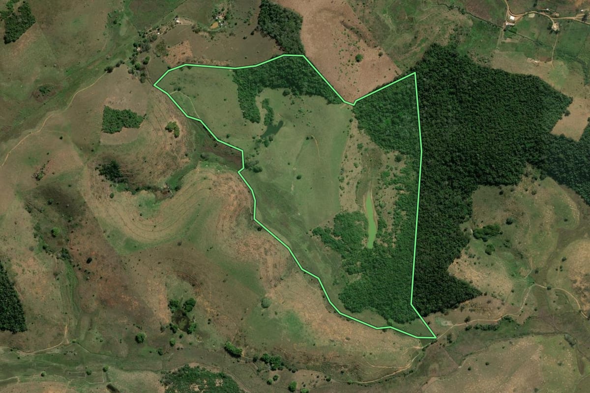 Imagem de satélite do imóvel rural em Itaperuna (RJ), com o contorno declarado no CAR desenhado por cima.