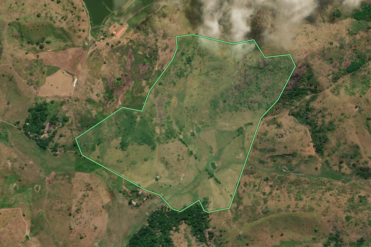 Imagem de satélite do imóvel rural em Itaperuna (RJ), com o contorno declarado no CAR desenhado por cima.