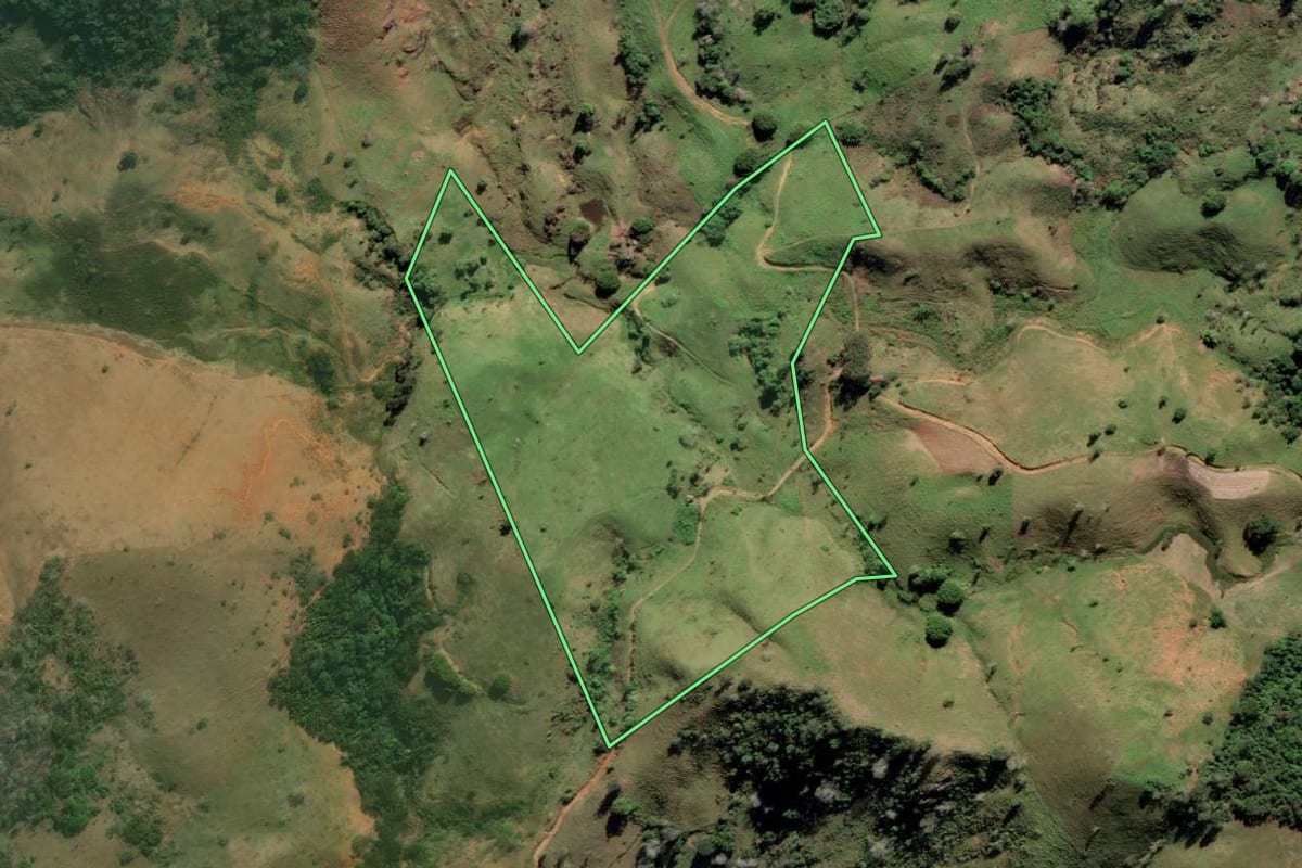 Imagem de satélite do imóvel rural em Itaperuna (RJ), com o contorno declarado no CAR desenhado por cima.