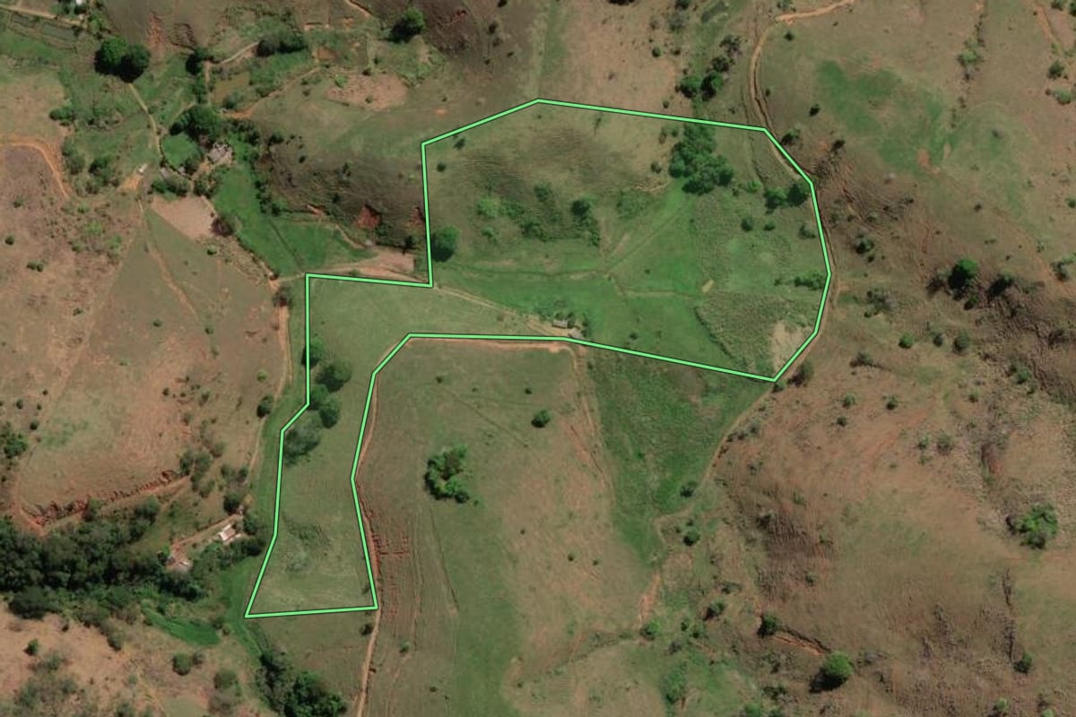 Imagem de satélite do imóvel rural em Laje do Muriaé (RJ), com o contorno declarado no CAR desenhado por cima.