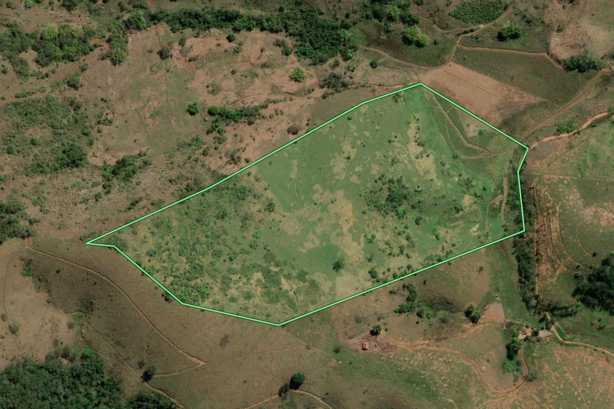 Imagem de satélite do imóvel rural em Laje do Muriaé (RJ), com o contorno declarado no CAR desenhado por cima.