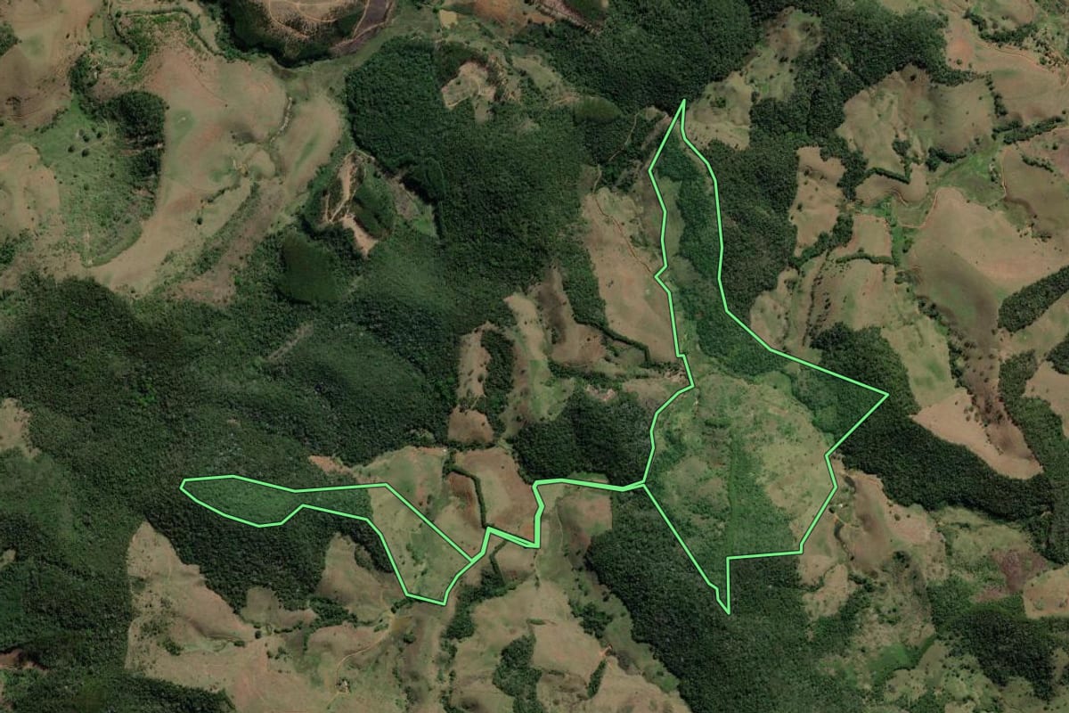 Imagem de satélite do imóvel rural em Laje do Muriaé (RJ), com o contorno declarado no CAR desenhado por cima.