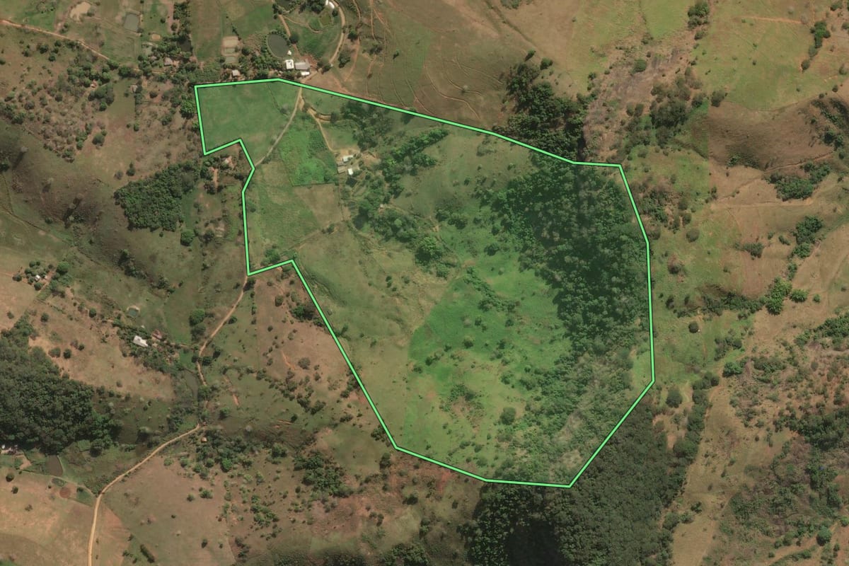 Imagem de satélite do imóvel rural em Laje do Muriaé (RJ), com o contorno declarado no CAR desenhado por cima.