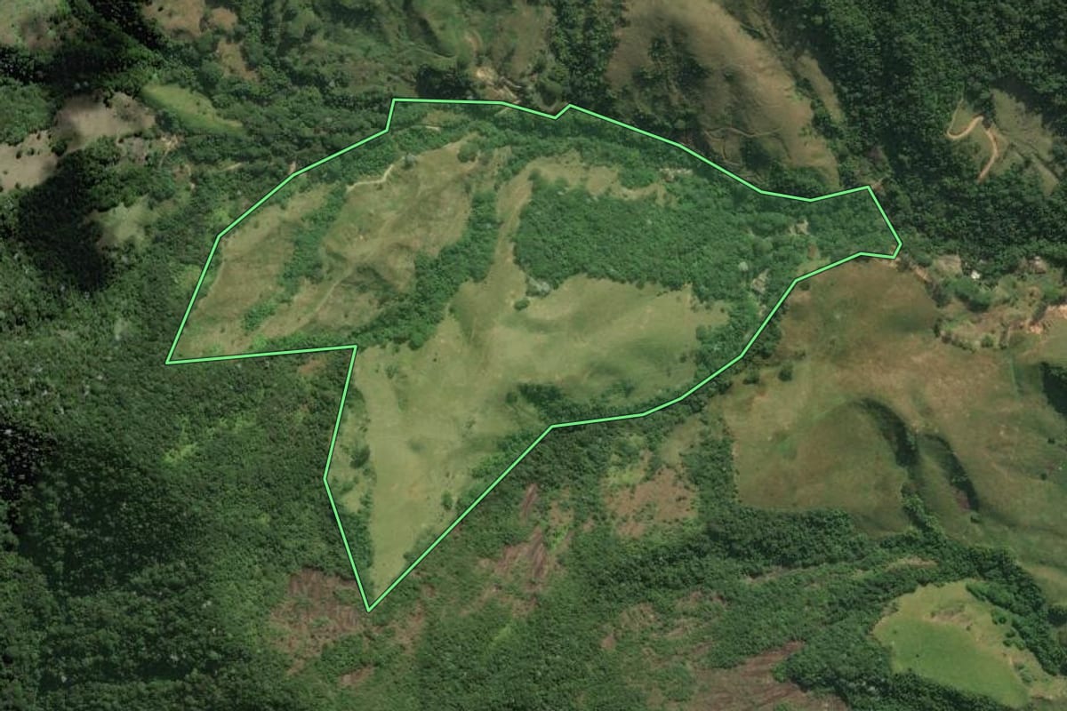 Imagem de satélite do imóvel rural em Macaé (RJ), com o contorno declarado no CAR desenhado por cima.