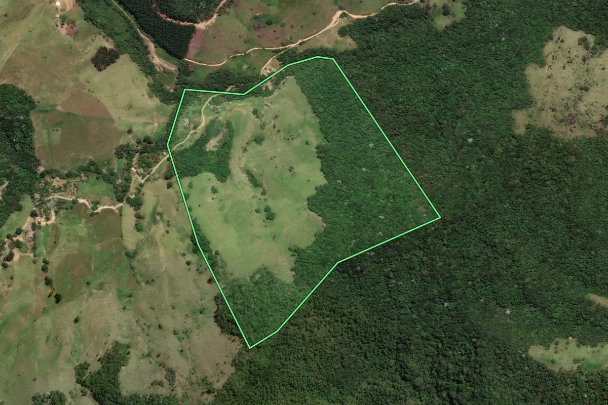 Imagem de satélite do imóvel rural em Macaé (RJ), com o contorno declarado no CAR desenhado por cima.