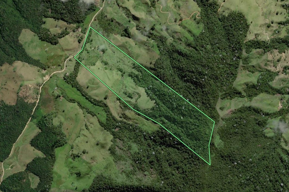 Imagem de satélite do imóvel rural em Macaé (RJ), com o contorno declarado no CAR desenhado por cima.