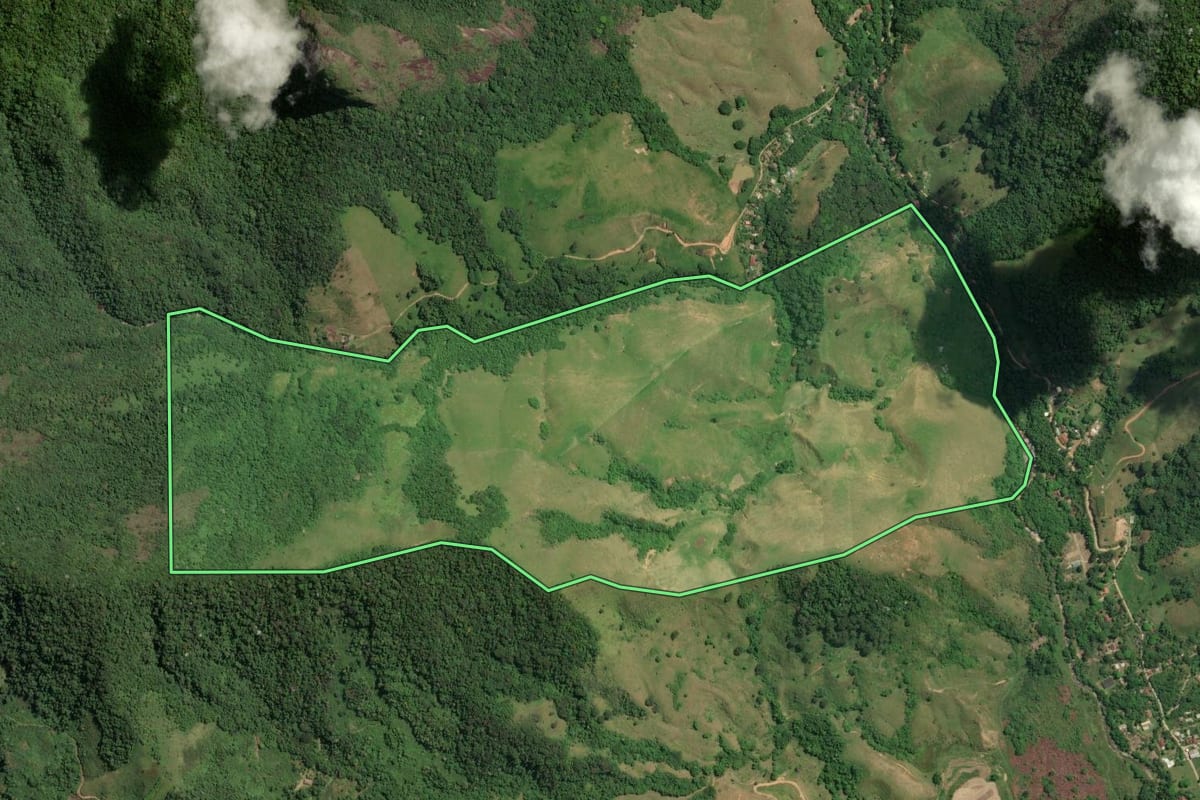 Imagem de satélite do imóvel rural em Macaé (RJ), com o contorno declarado no CAR desenhado por cima.
