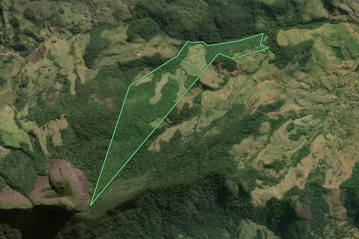 Imagem de satélite do imóvel rural em Macaé (RJ), com o contorno declarado no CAR desenhado por cima.