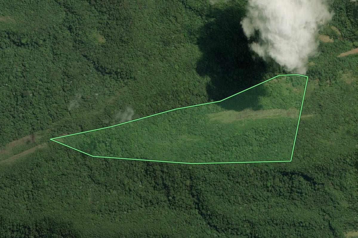 Imagem de satélite do imóvel rural em Macaé (RJ), com o contorno declarado no CAR desenhado por cima.