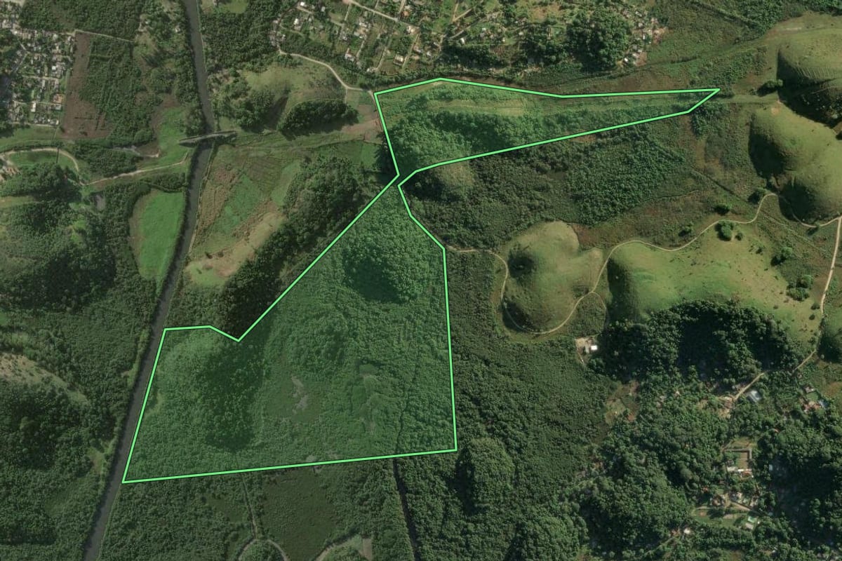 Imagem de satélite do imóvel rural em Magé (RJ), com o contorno declarado no CAR desenhado por cima.