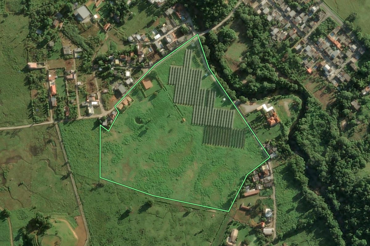 Imagem de satélite do imóvel rural em Magé (RJ), com o contorno declarado no CAR desenhado por cima.