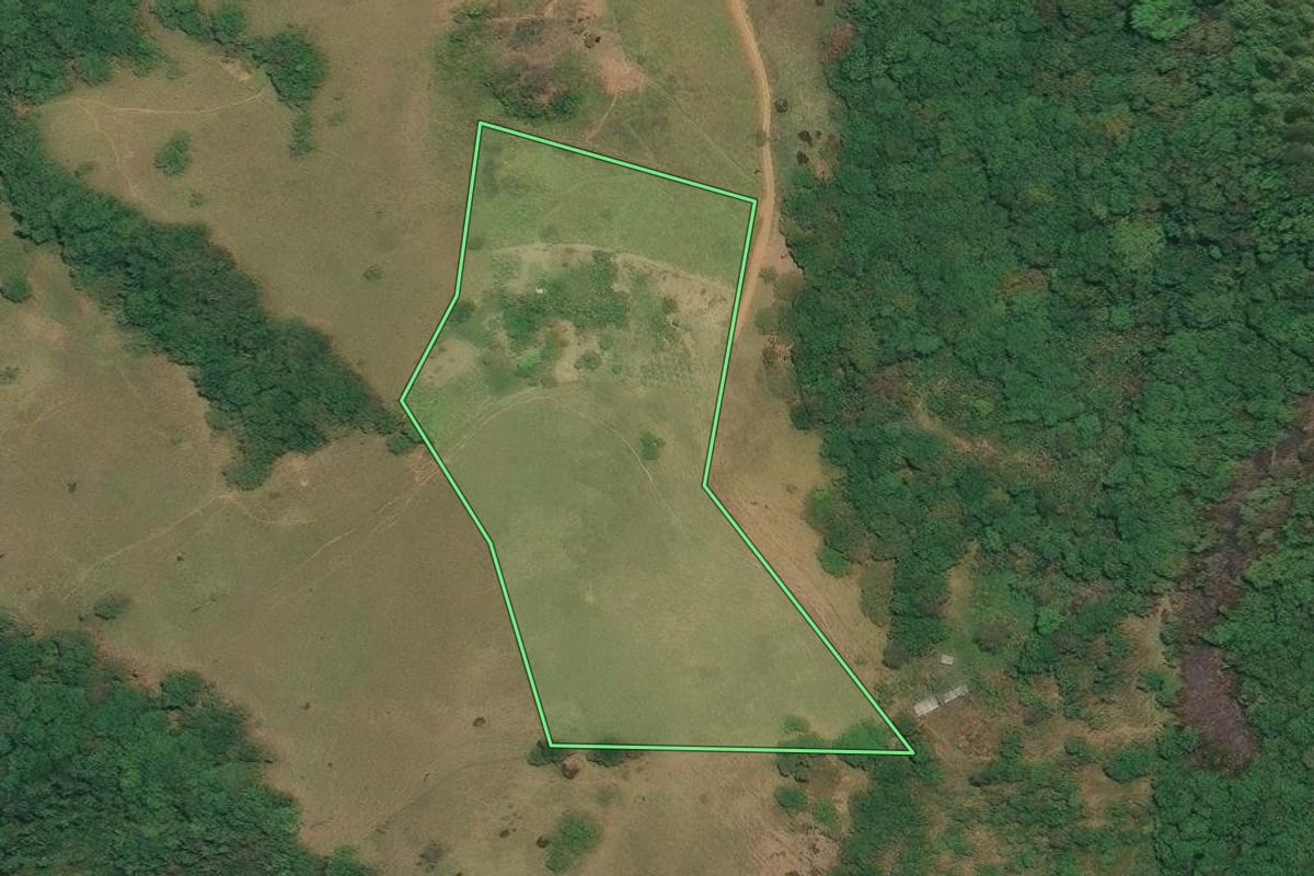 Imagem de satélite do imóvel rural em Mangaratiba (RJ), com o contorno declarado no CAR desenhado por cima.