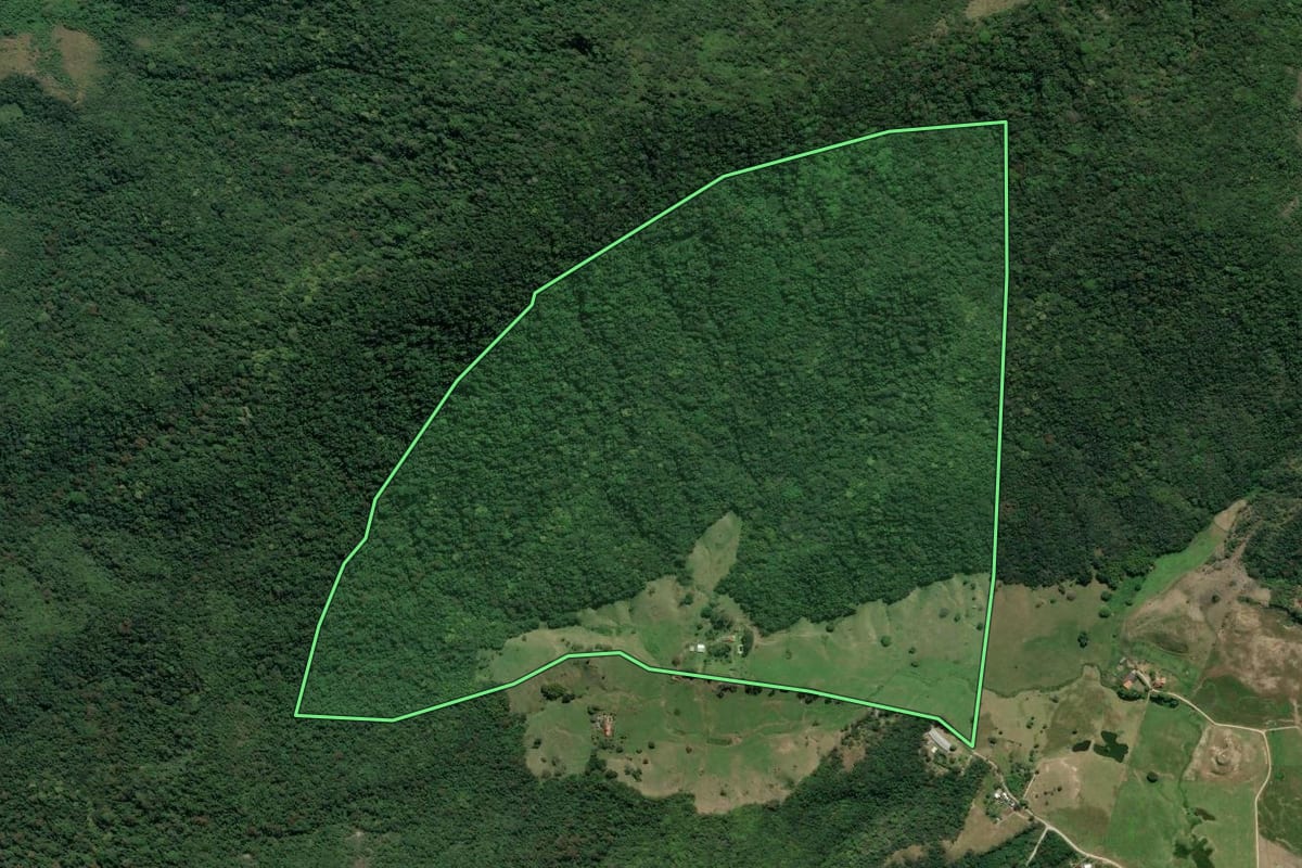 Imagem de satélite do imóvel rural em Maricá (RJ), com o contorno declarado no CAR desenhado por cima.