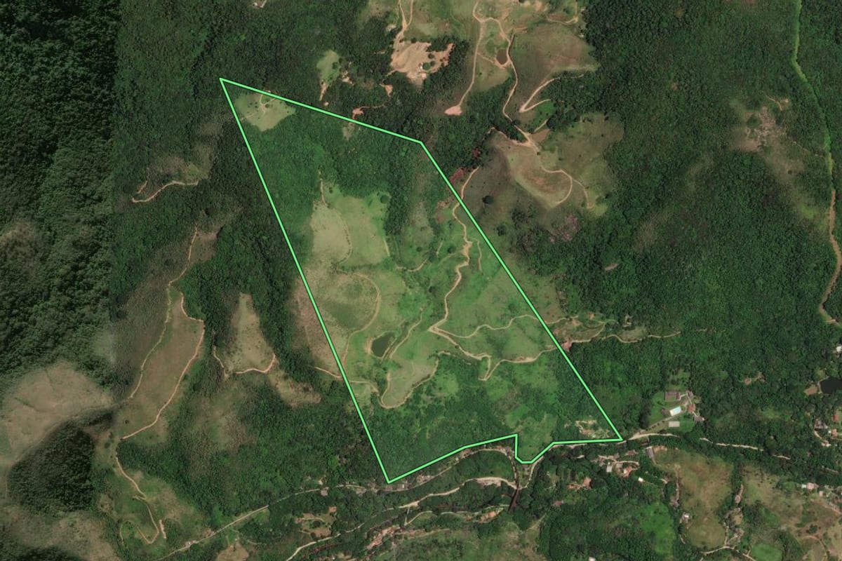 Imagem de satélite do imóvel rural em Miguel Pereira (RJ), com o contorno declarado no CAR desenhado por cima.
