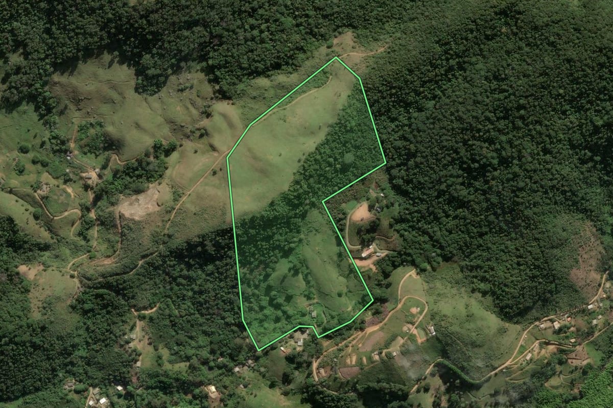 Imagem de satélite do imóvel rural em Miguel Pereira (RJ), com o contorno declarado no CAR desenhado por cima.