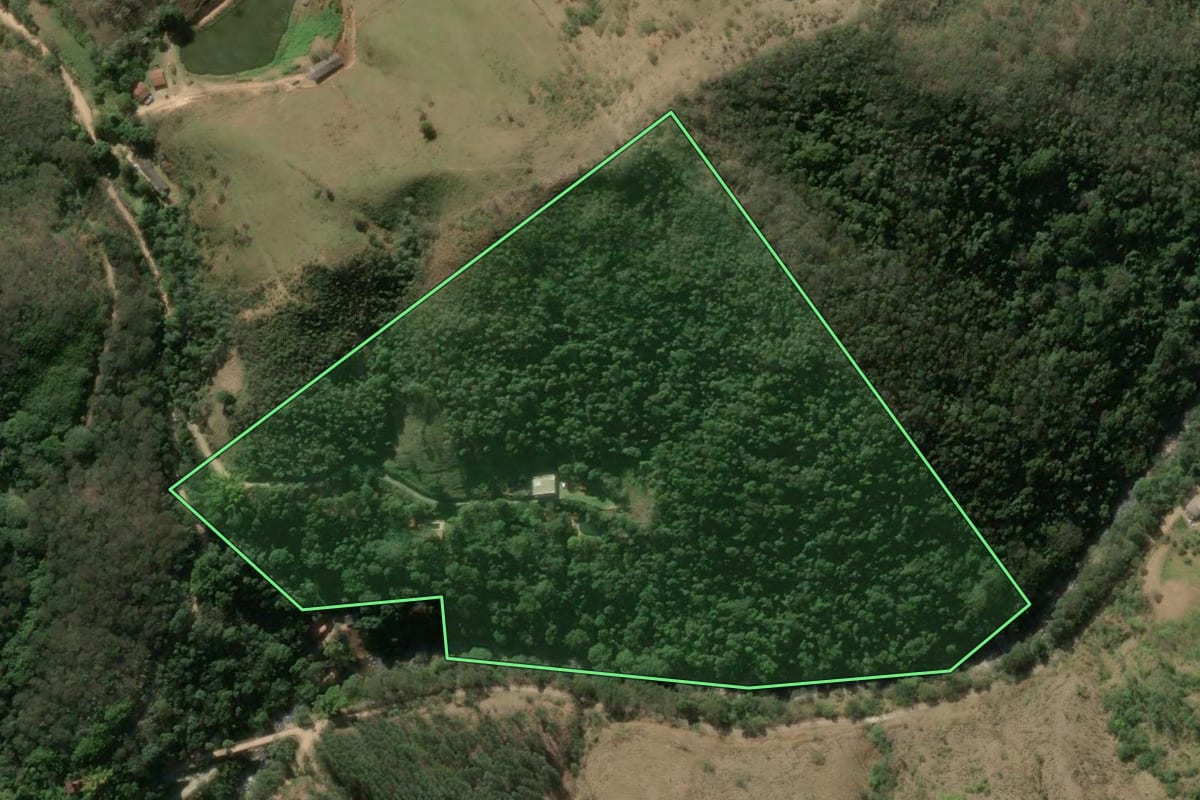 Imagem de satélite do imóvel rural em Miguel Pereira (RJ), com o contorno declarado no CAR desenhado por cima.