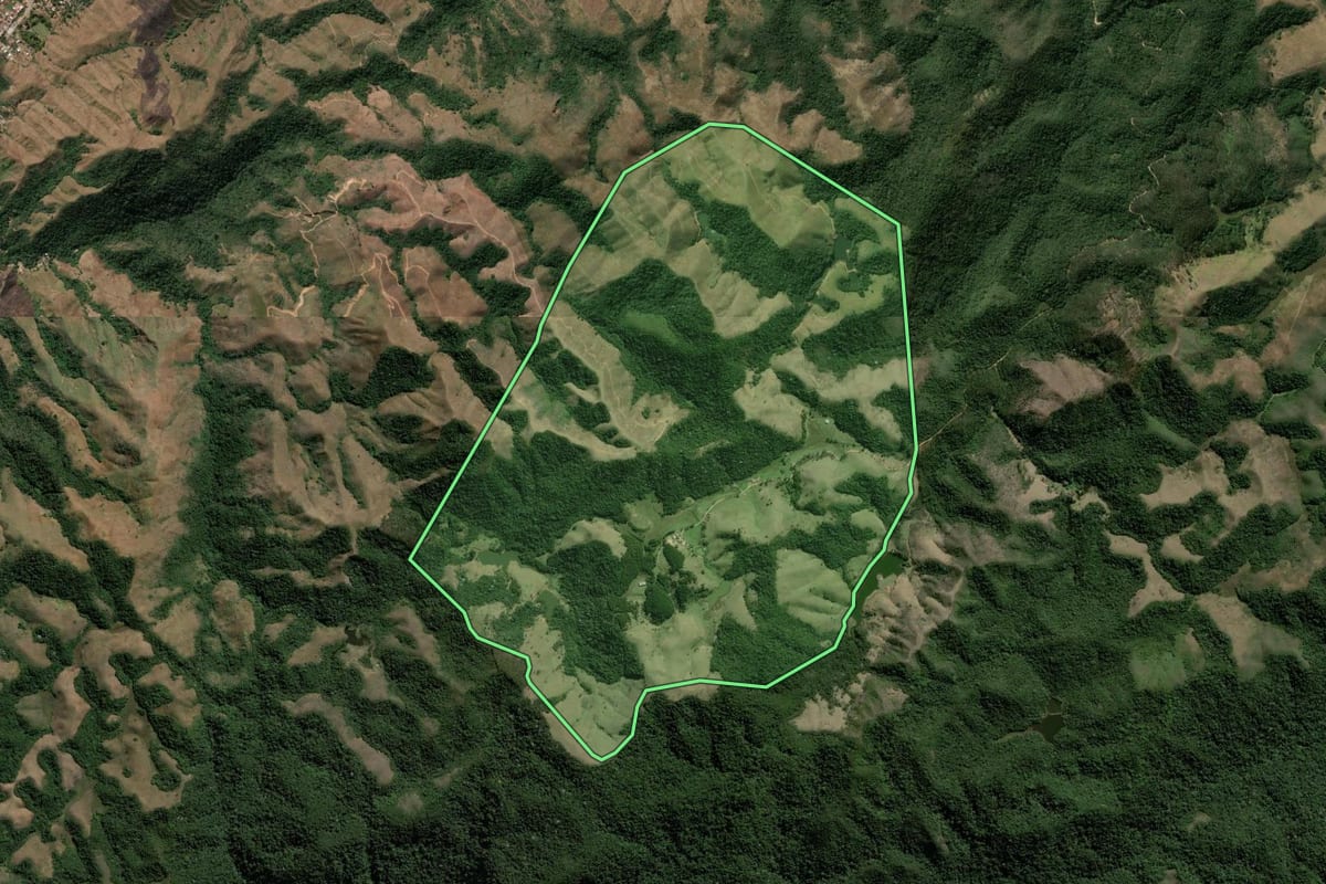 Imagem de satélite do imóvel rural em Miguel Pereira (RJ), com o contorno declarado no CAR desenhado por cima.
