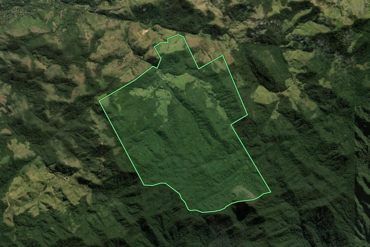 Imagem de satélite do imóvel rural em Miguel Pereira (RJ), com o contorno declarado no CAR desenhado por cima.