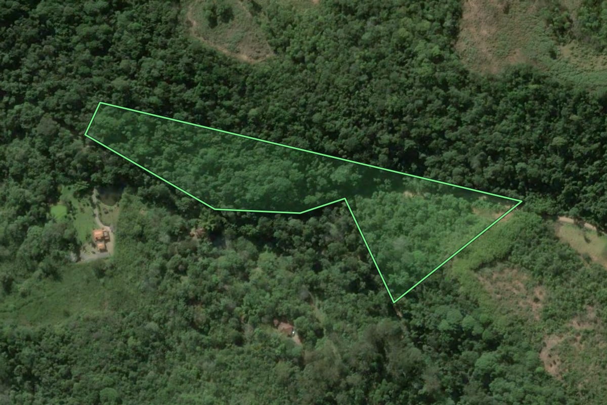 Imagem de satélite do imóvel rural em Miguel Pereira (RJ), com o contorno declarado no CAR desenhado por cima.