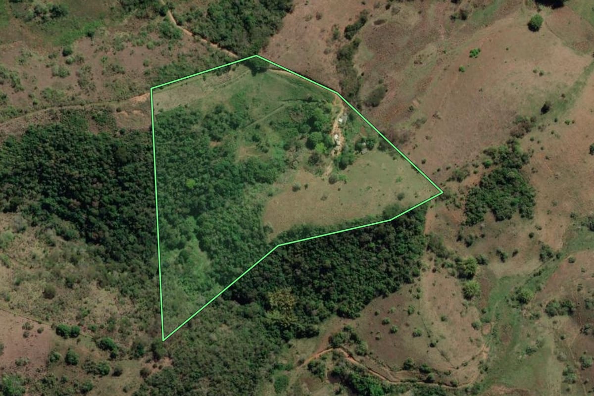 Imagem de satélite do imóvel rural em Miracema (RJ), com o contorno declarado no CAR desenhado por cima.