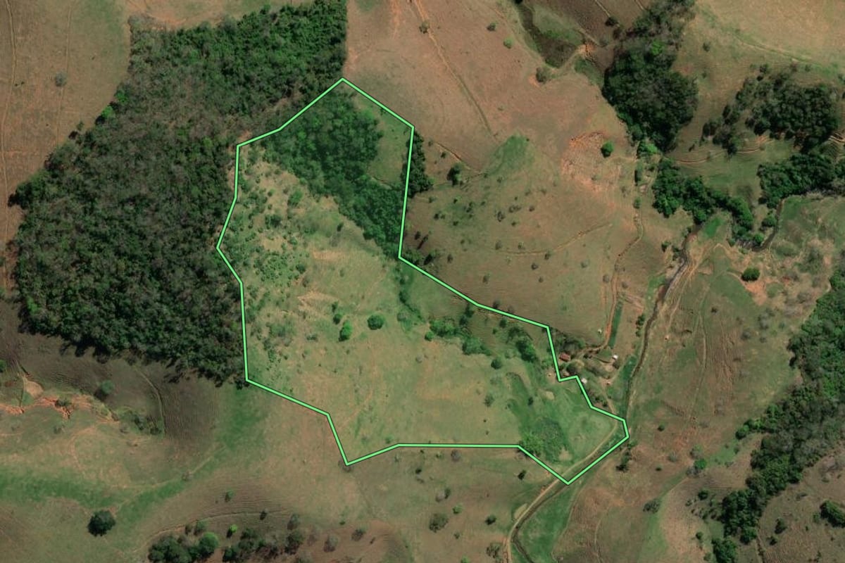 Imagem de satélite do imóvel rural em Miracema (RJ), com o contorno declarado no CAR desenhado por cima.