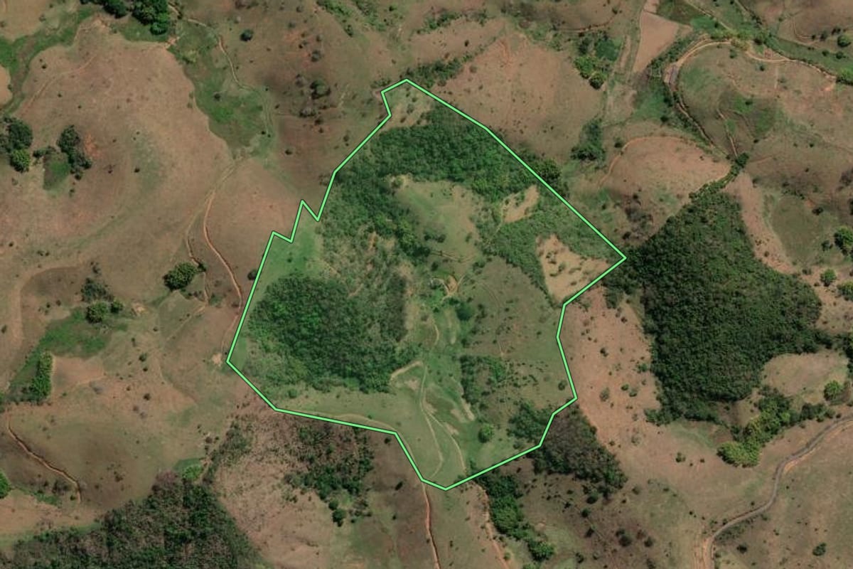 Imagem de satélite do imóvel rural em Miracema (RJ), com o contorno declarado no CAR desenhado por cima.