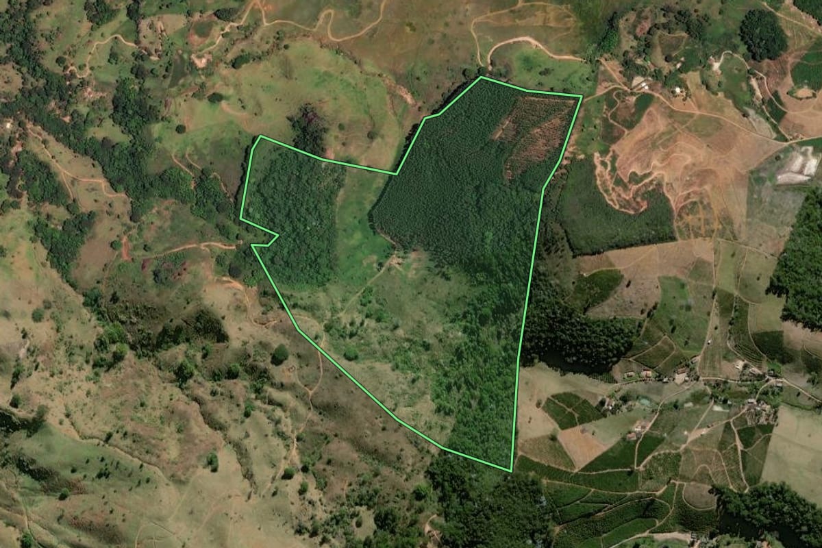 Imagem de satélite do imóvel rural em Natividade (RJ), com o contorno declarado no CAR desenhado por cima.