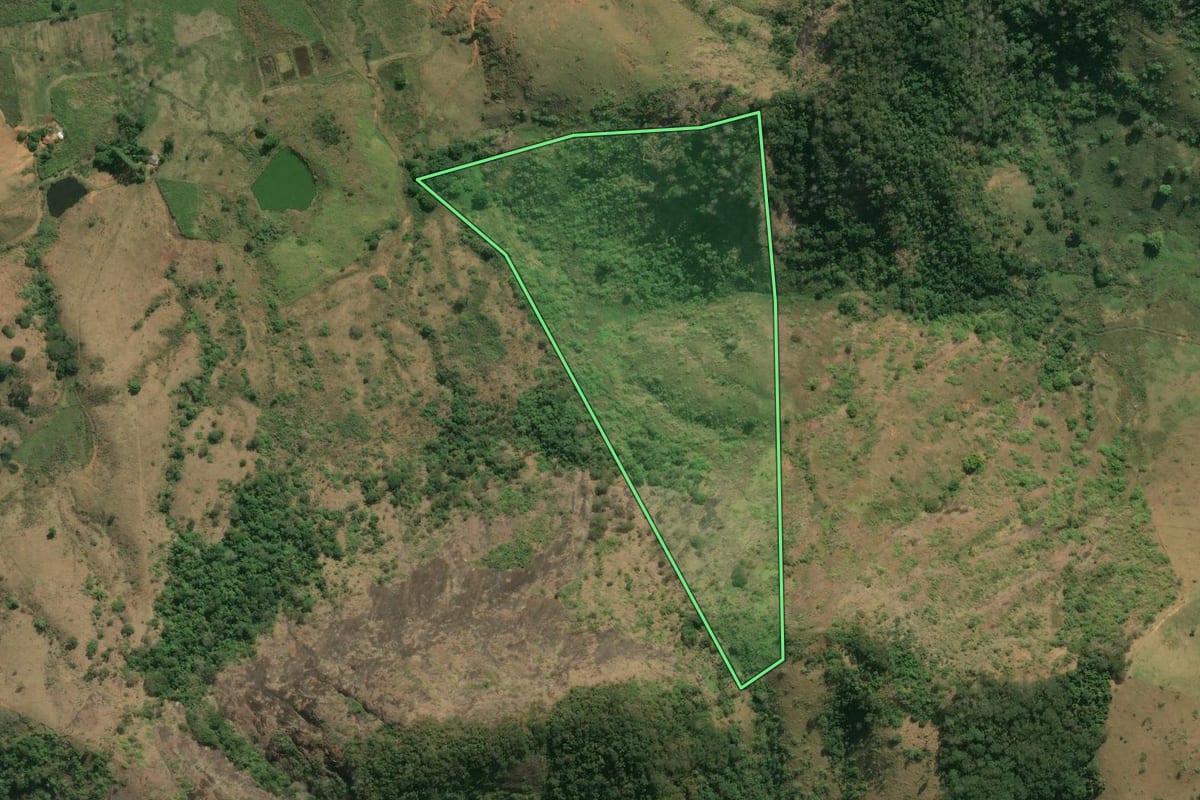 Imagem de satélite do imóvel rural em Natividade (RJ), com o contorno declarado no CAR desenhado por cima.