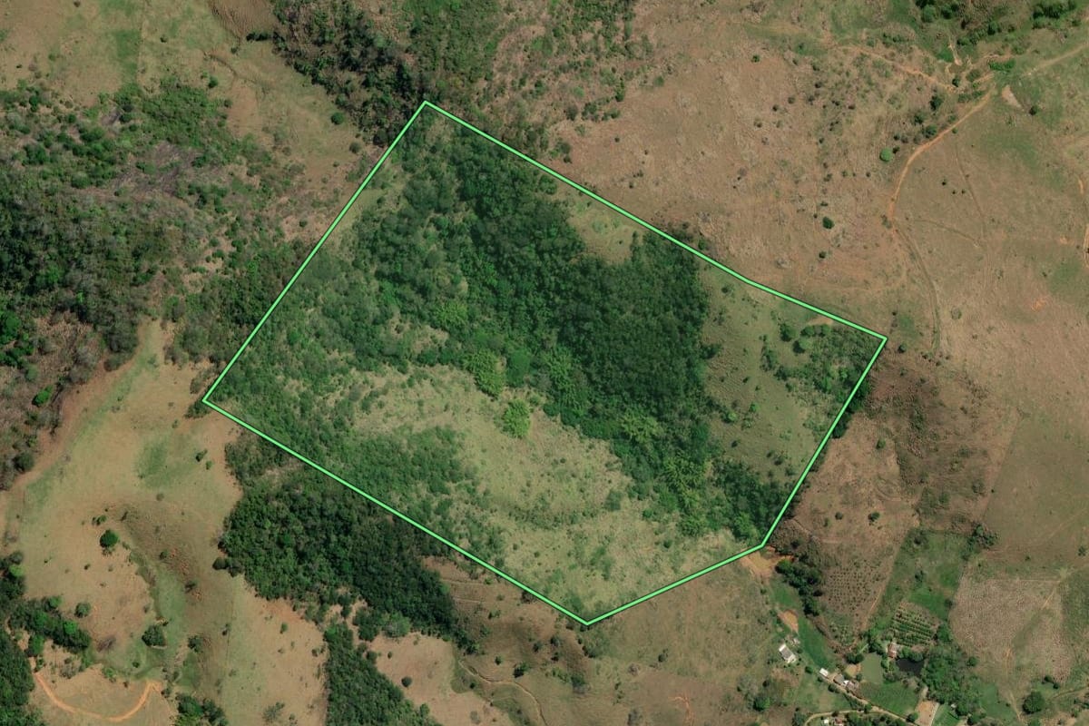 Imagem de satélite do imóvel rural em Natividade (RJ), com o contorno declarado no CAR desenhado por cima.
