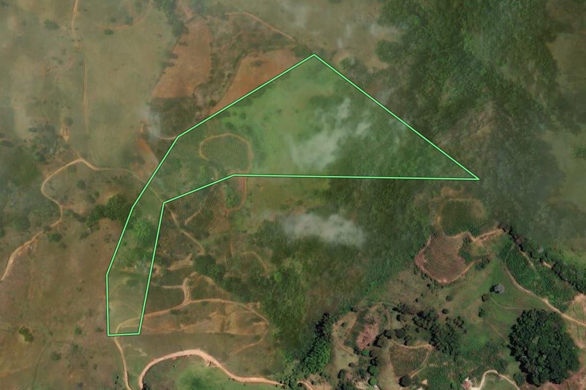 Imagem de satélite do imóvel rural em Natividade (RJ), com o contorno declarado no CAR desenhado por cima.