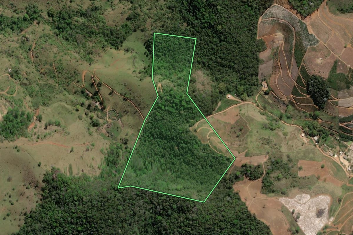 Imagem de satélite do imóvel rural em Natividade (RJ), com o contorno declarado no CAR desenhado por cima.
