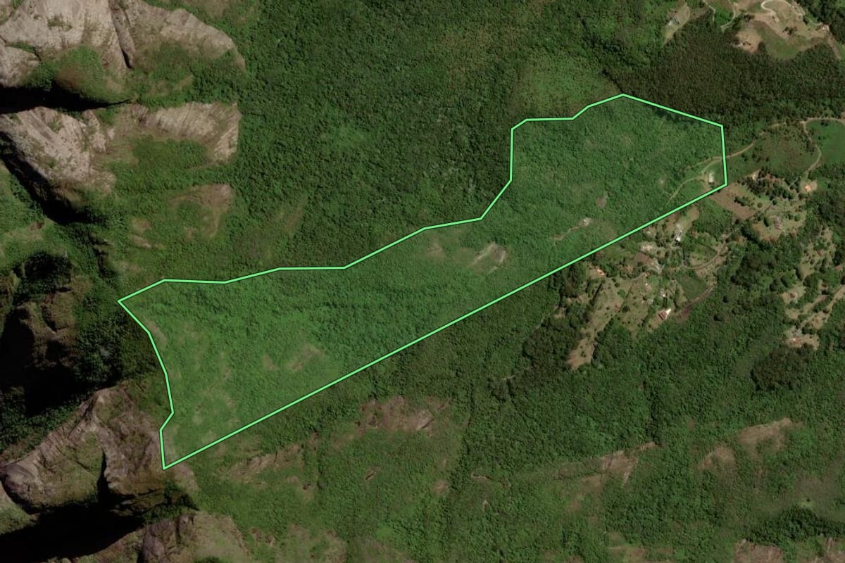 Imagem de satélite do imóvel rural em Nova Friburgo (RJ), com o contorno declarado no CAR desenhado por cima.