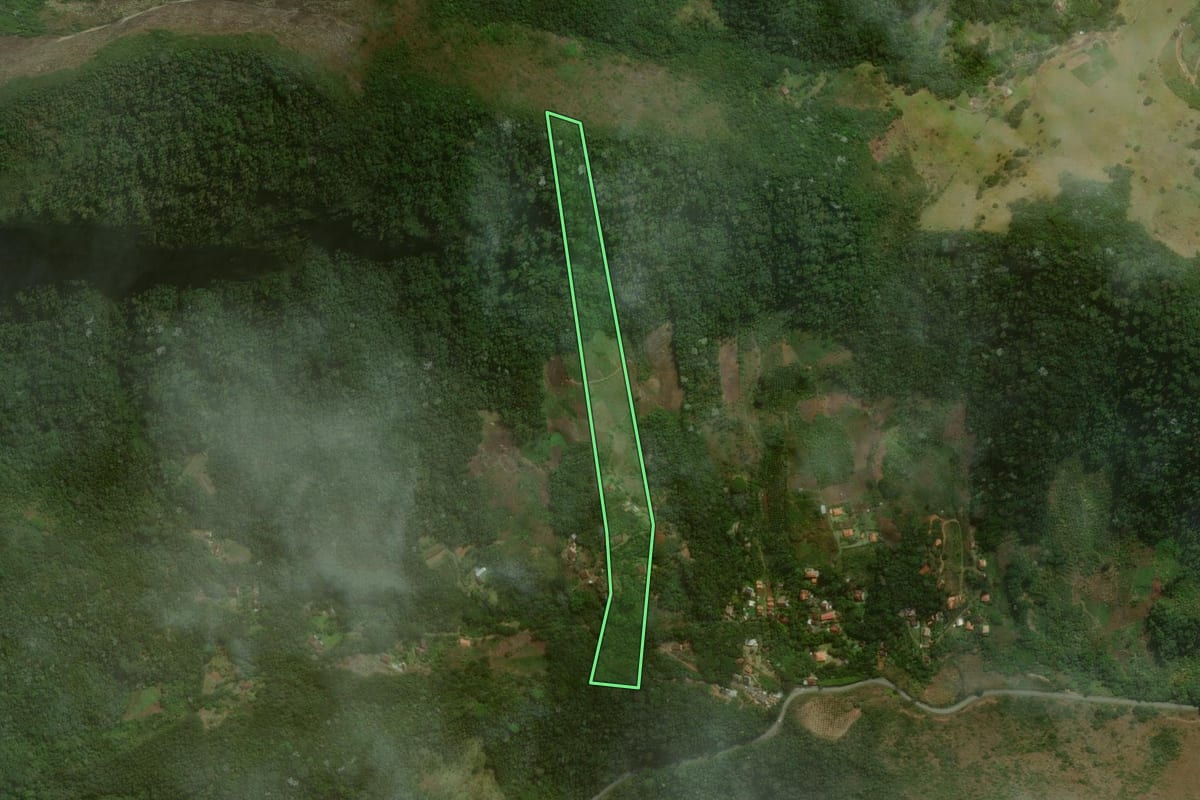 Imagem de satélite do imóvel rural em Nova Friburgo (RJ), com o contorno declarado no CAR desenhado por cima.