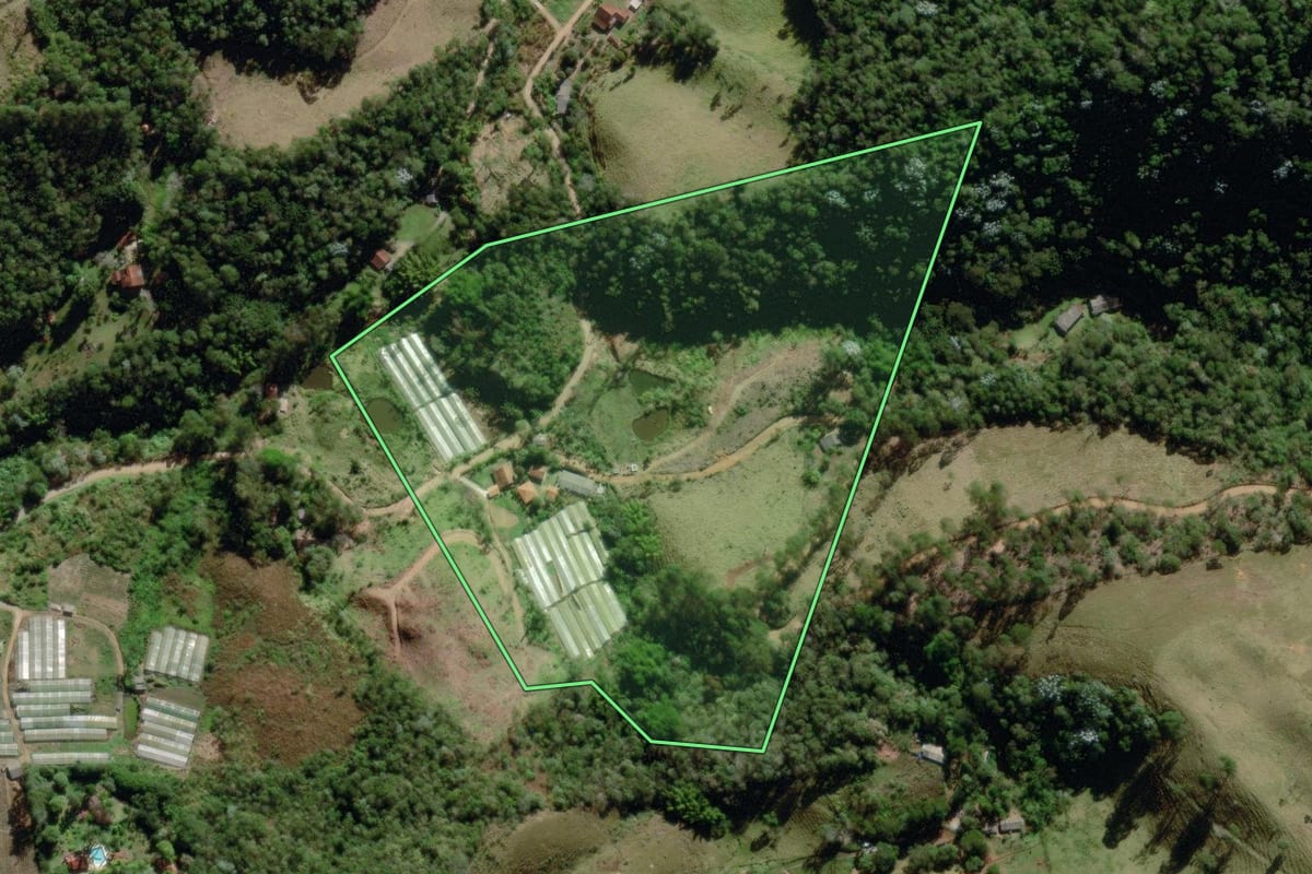 Imagem de satélite do imóvel rural em Nova Friburgo (RJ), com o contorno declarado no CAR desenhado por cima.
