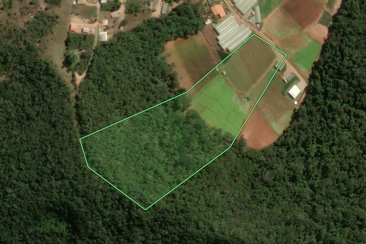 Imagem de satélite do imóvel rural em Nova Friburgo (RJ), com o contorno declarado no CAR desenhado por cima.