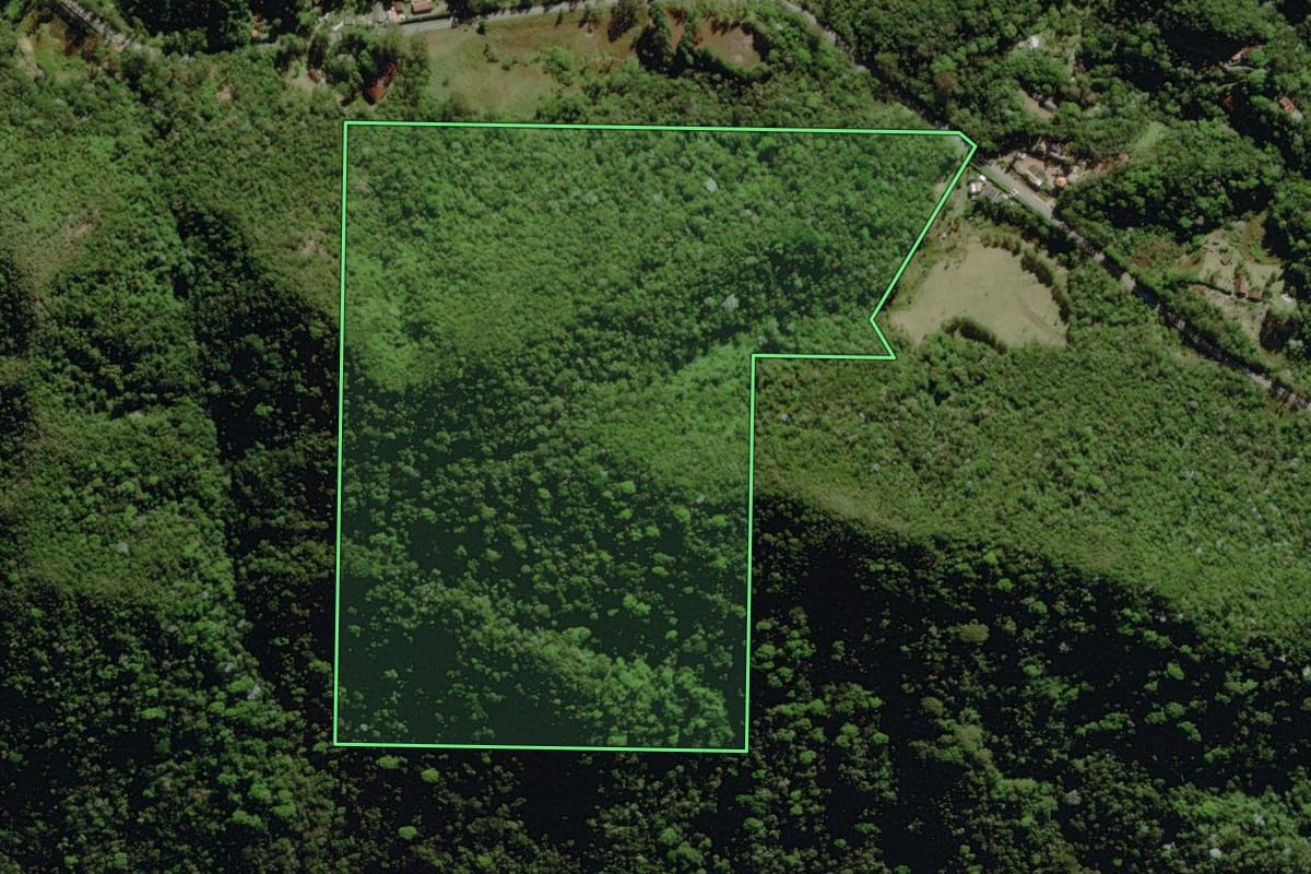 Imagem de satélite do imóvel rural em Nova Friburgo (RJ), com o contorno declarado no CAR desenhado por cima.
