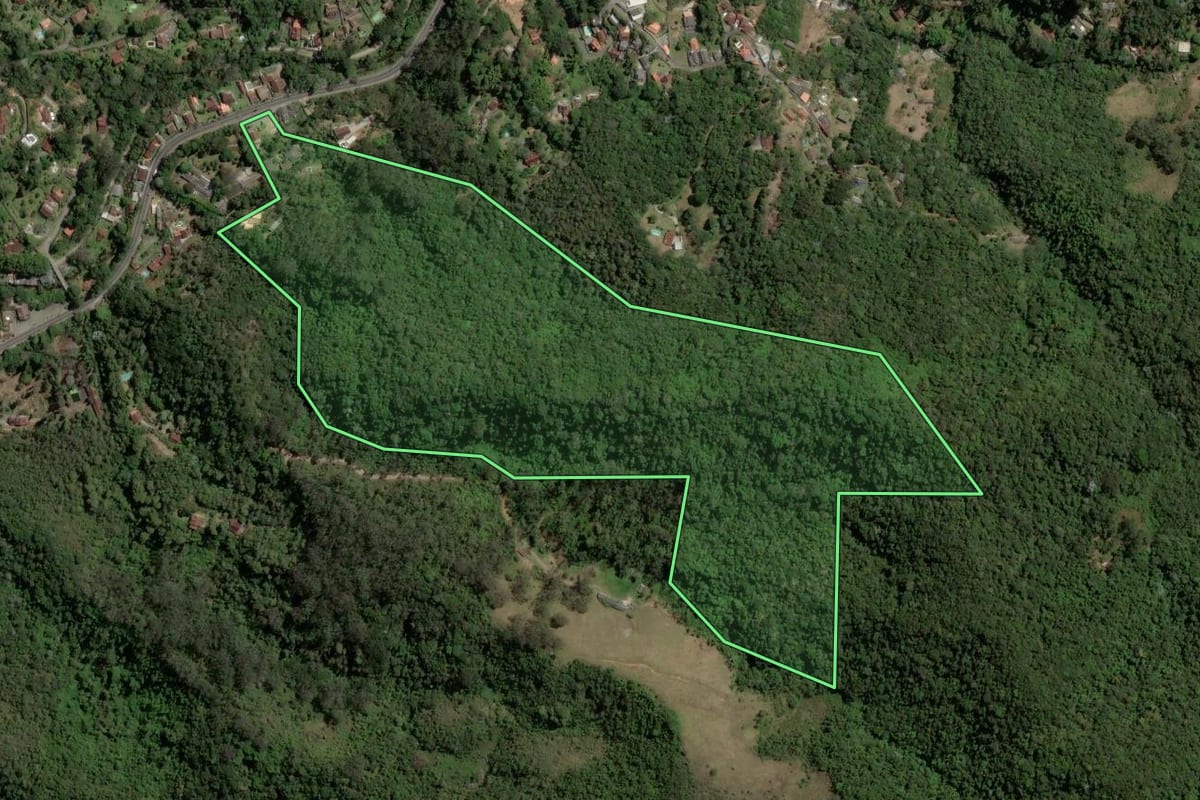 Imagem de satélite do imóvel rural em Nova Friburgo (RJ), com o contorno declarado no CAR desenhado por cima.