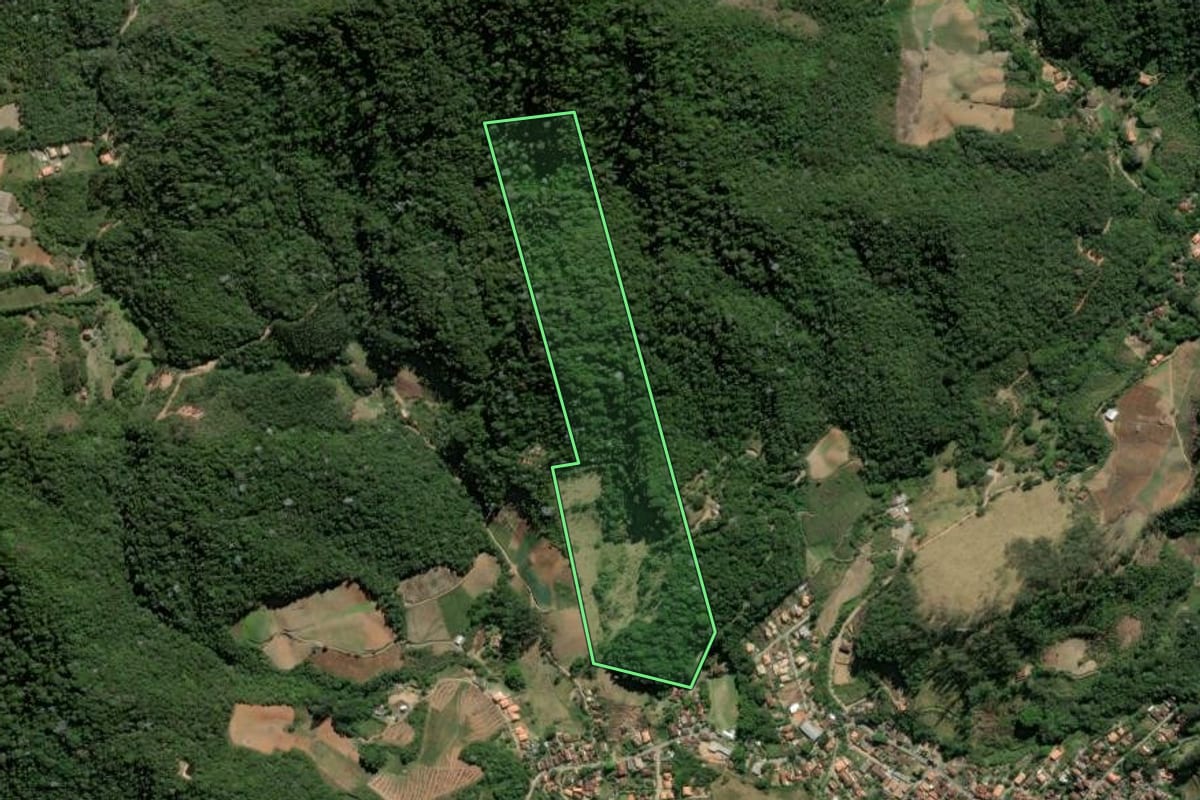 Imagem de satélite do imóvel rural em Nova Friburgo (RJ), com o contorno declarado no CAR desenhado por cima.