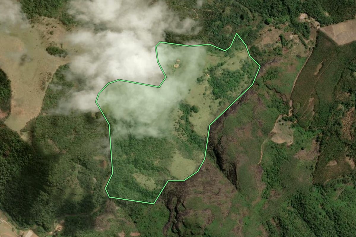 Imagem de satélite do imóvel rural em Nova Friburgo (RJ), com o contorno declarado no CAR desenhado por cima.