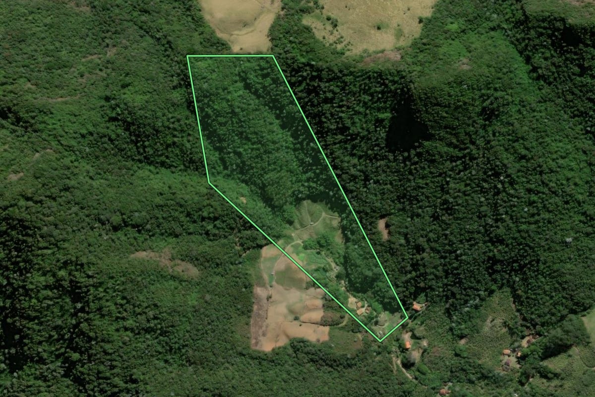 Imagem de satélite do imóvel rural em Nova Friburgo (RJ), com o contorno declarado no CAR desenhado por cima.