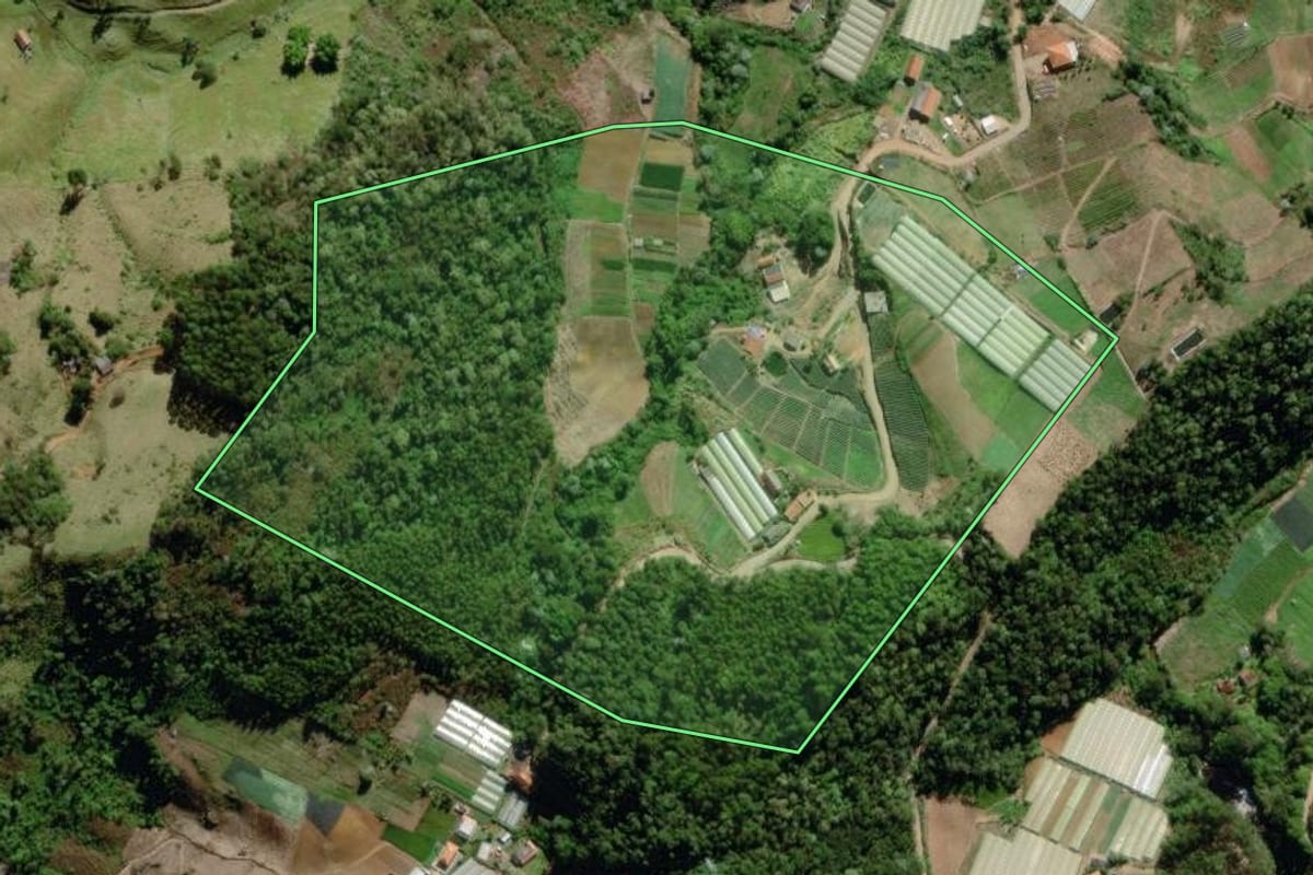 Imagem de satélite do imóvel rural em Nova Friburgo (RJ), com o contorno declarado no CAR desenhado por cima.