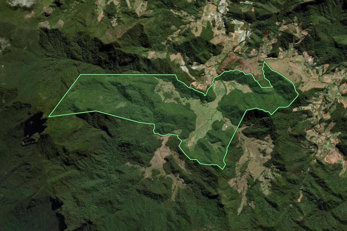 Imagem de satélite do imóvel rural em Nova Friburgo (RJ), com o contorno declarado no CAR desenhado por cima.