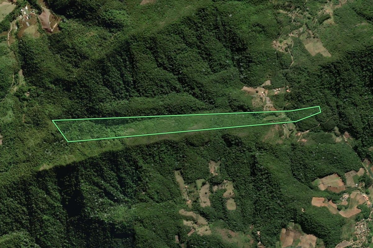 Imagem de satélite do imóvel rural em Nova Friburgo (RJ), com o contorno declarado no CAR desenhado por cima.