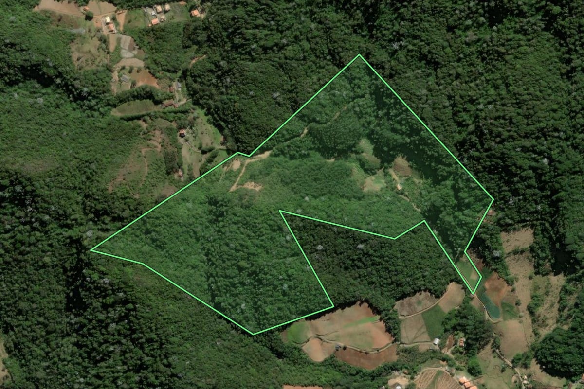 Imagem de satélite do imóvel rural em Nova Friburgo (RJ), com o contorno declarado no CAR desenhado por cima.