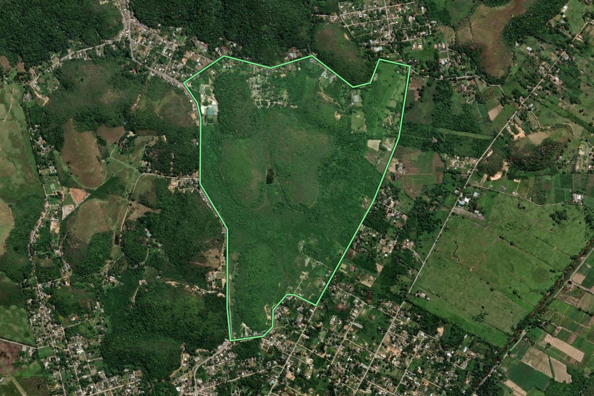 Imagem de satélite do imóvel rural em Nova Iguaçu (RJ), com o contorno declarado no CAR desenhado por cima.